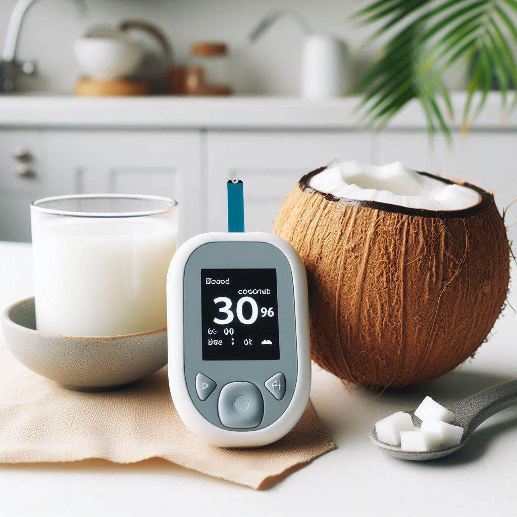 A blood sugar monitor next to a glass of coconut water with a coconut in the background. The scene is set on a clean, white kitchen counter with a simple, modern aesthetic