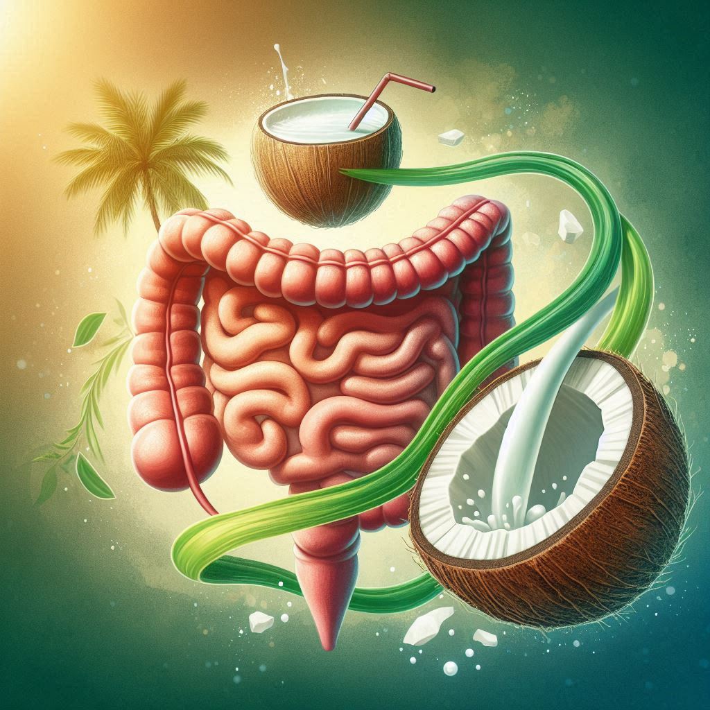 A digestive system illustration with a coconut and coconut water prominently featured, showing the flow of nutrients through the system. The background is a subtle blend of greens and yellows, representing digestion and energy.