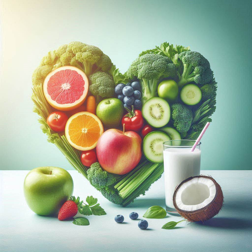 A healthy heart made of fruits and vegetables, with a glass of coconut water placed beside it. The background is a gradient of soft, soothing colors like light blue and green, symbolizing health and wellness.