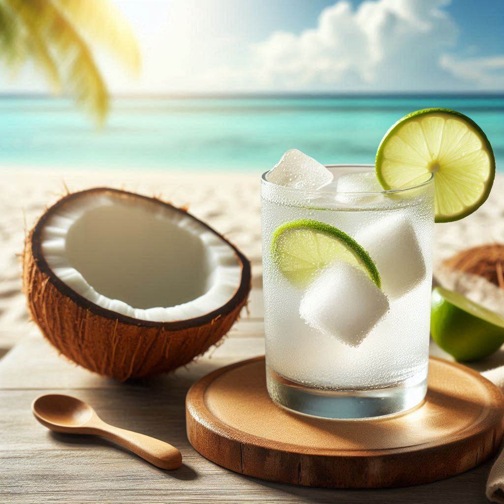 A close-up of a glass of coconut water with ice cubes and a slice of lime, sitting on a table. In the background, there's a sunny beach scene, emphasizing hydration and refreshment.