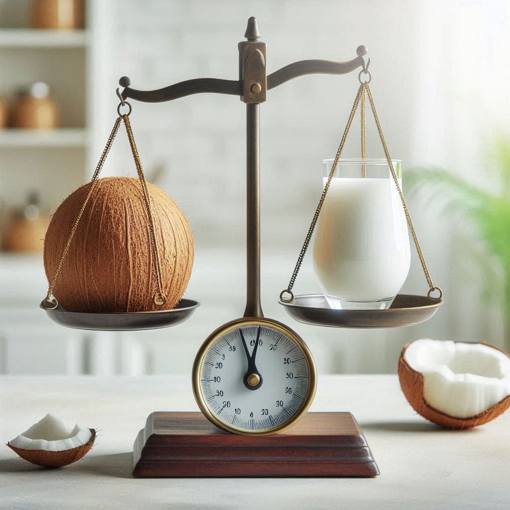 A scale with a coconut and a glass of coconut water balanced on it, symbolizing low-calorie benefits. The background is a light, airy kitchen scene, representing a healthy lifestyle